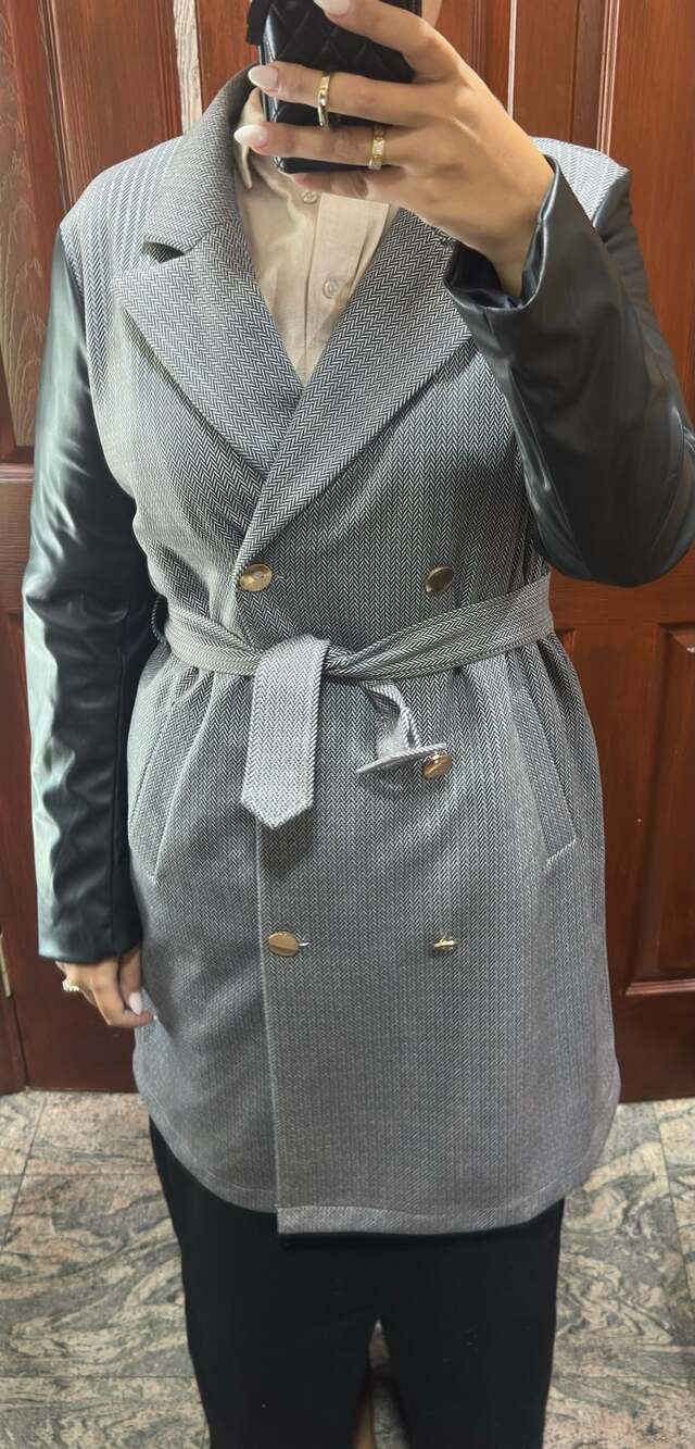 Alice Blue Herringbone Double Breasted Trench Coat with Faux Leather Sleeves